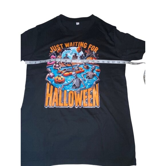 Just Waiting For Halloween Black Graphic T-Shirt S Skeleton Pool Party Design Co - Picture 3 of 5